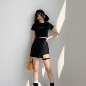 mixxmix black baby tee and garter skirt set size small